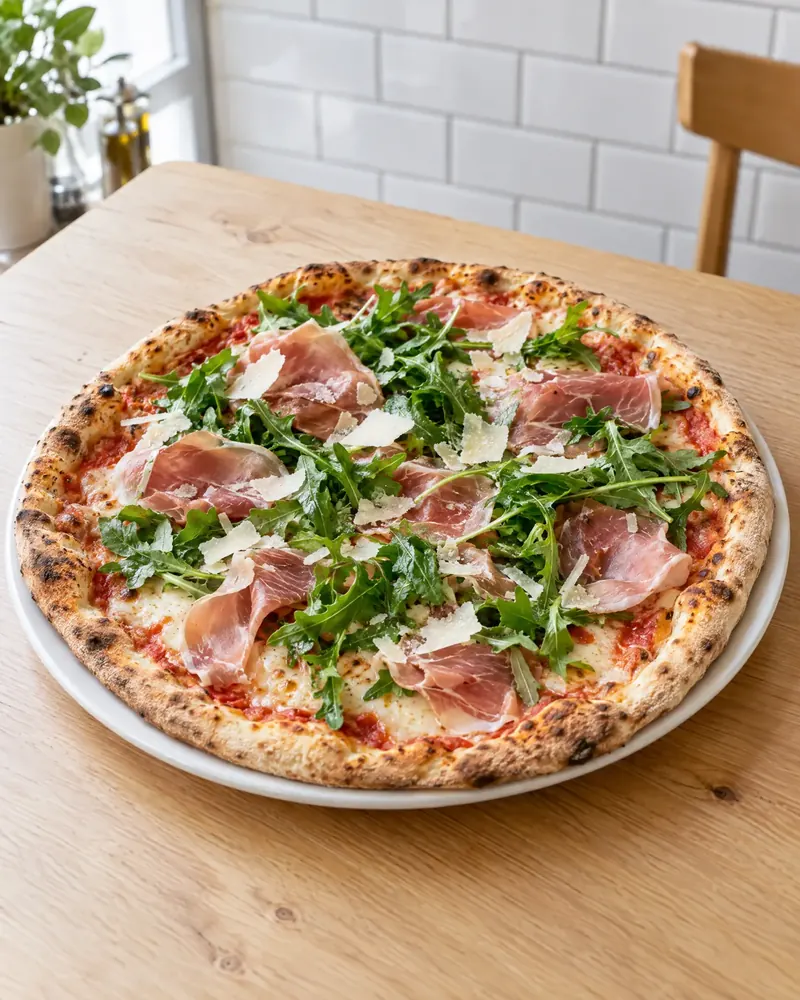 Pizza Parma mit Parmaschinken, Rucola und Parmesan