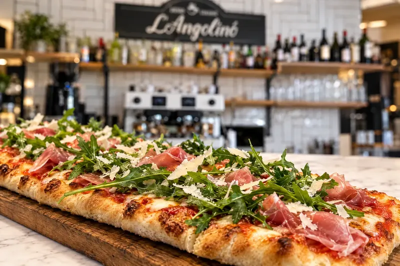 Pizza mit Parmaschinken und Rucola an der Theke