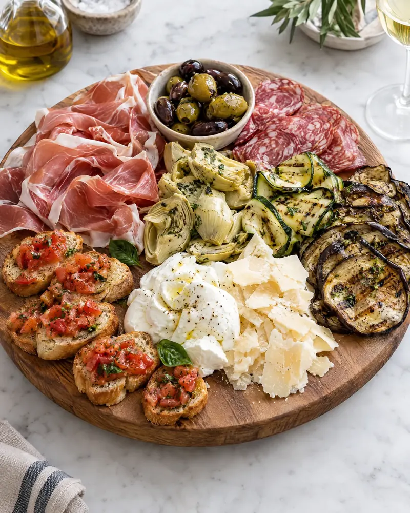 Antipasti-Brett mit Schinken, Salami und Gemüse
